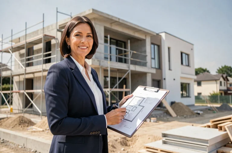 Agent immobilière professionnelle devant un chantier résidentiel, comparant promoteur local et grand groupe immobilier