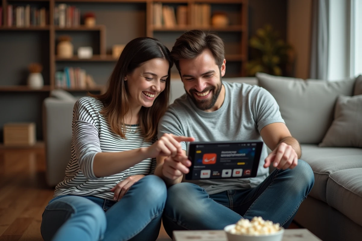Deux amis parcourant ensemble un catalogue de films et séries gratuits en streaming sur une tablette