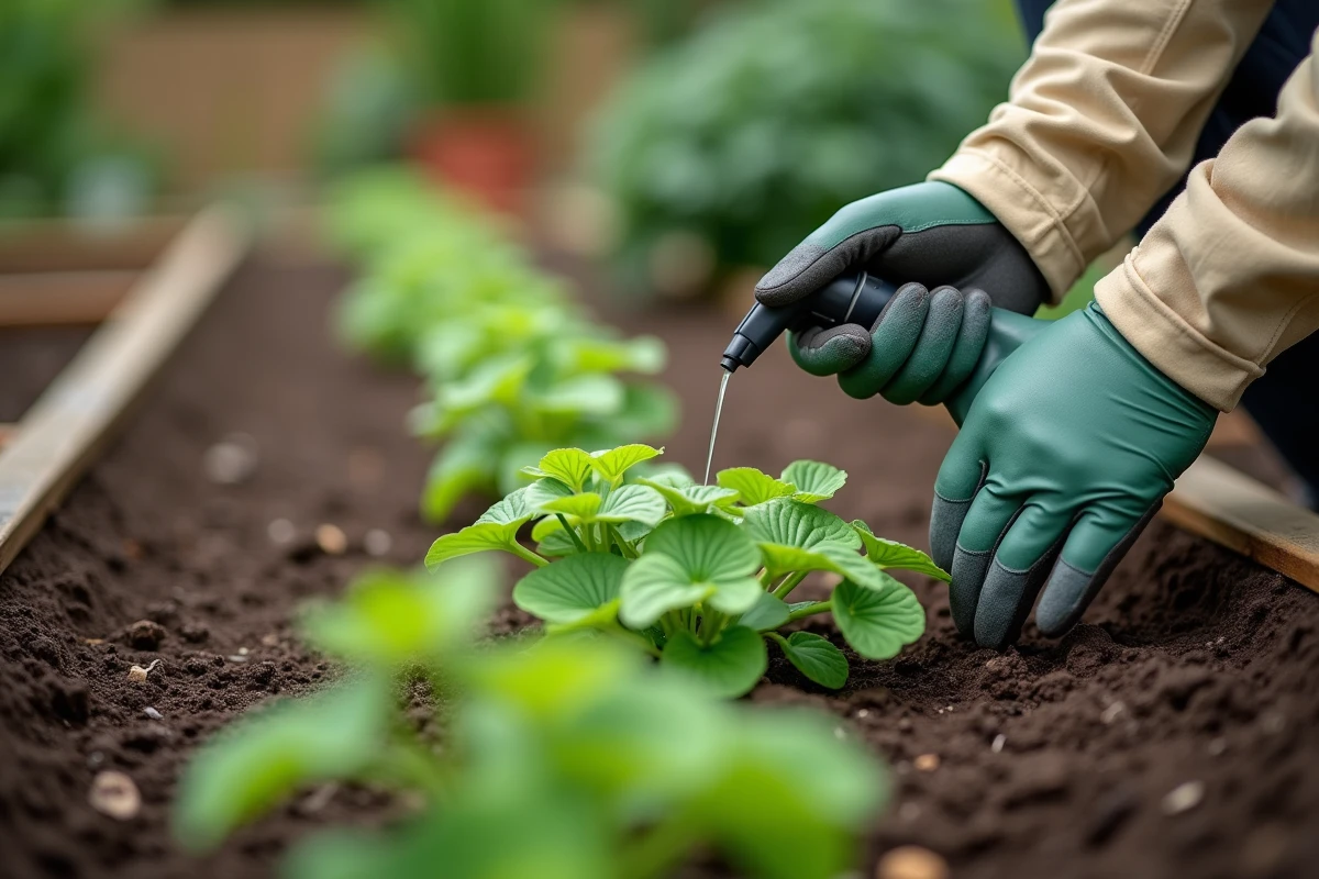 Jardinier appliquant un désherbant liquide sur des plants d'oxalis dans un potager avec des gants de protection verts