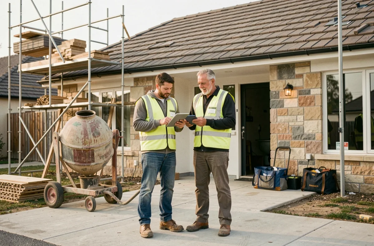 Deux artisans en gilet de chantier consultant une tablette devant une maison en cours de rénovation extérieure