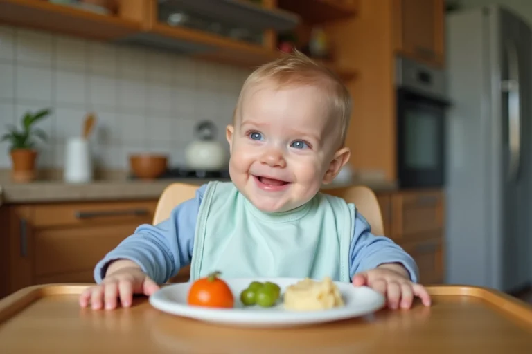 Bébé de 9 mois curieux devant son repas sain