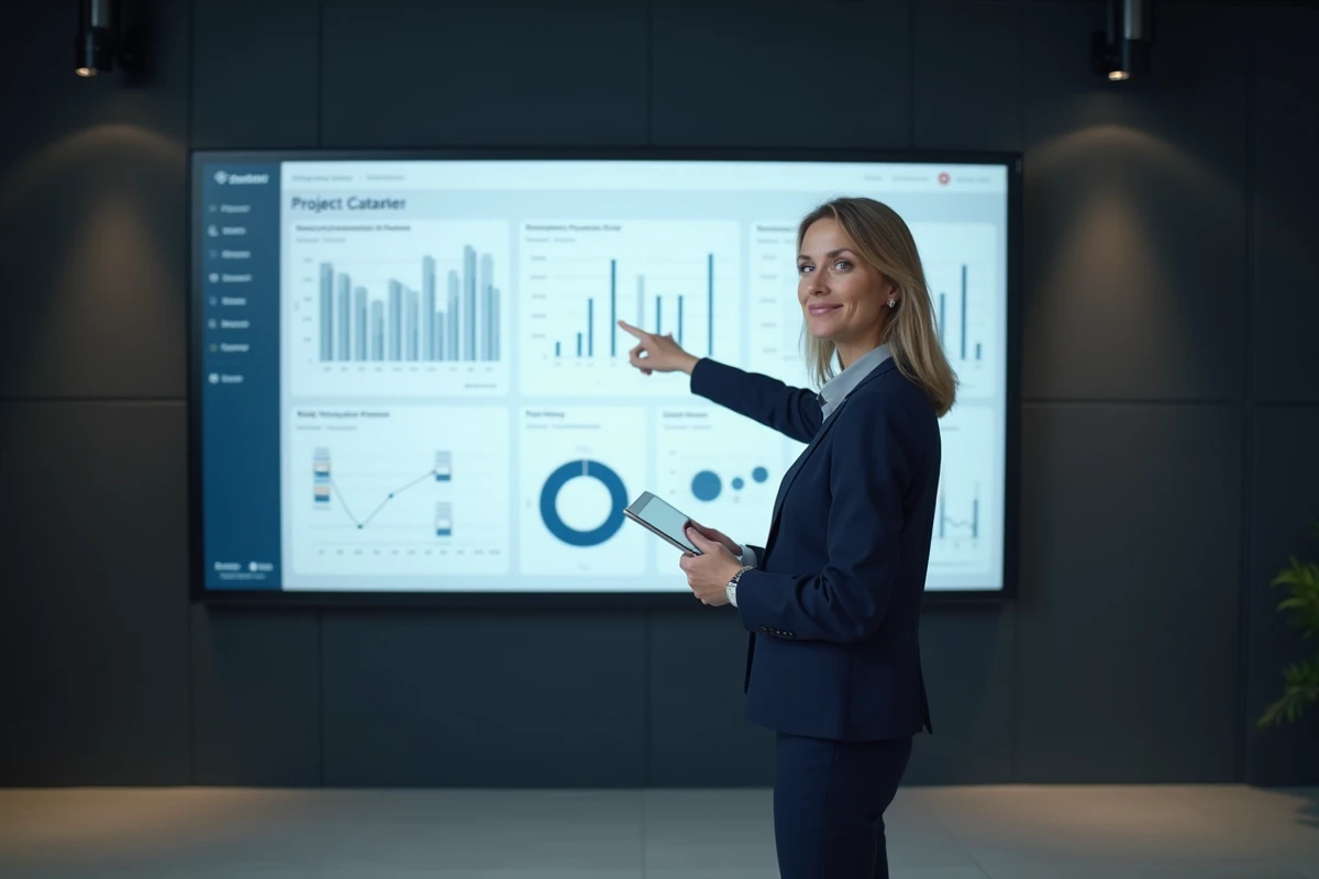 Femme cadre présentant un tableau de bord de gestion de projets avec différentes catégories de projets en entreprise