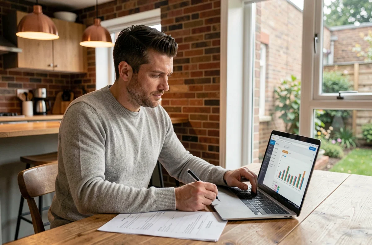 Homme calculant le rendement locatif de son investissement immobilier sur ordinateur à domicile