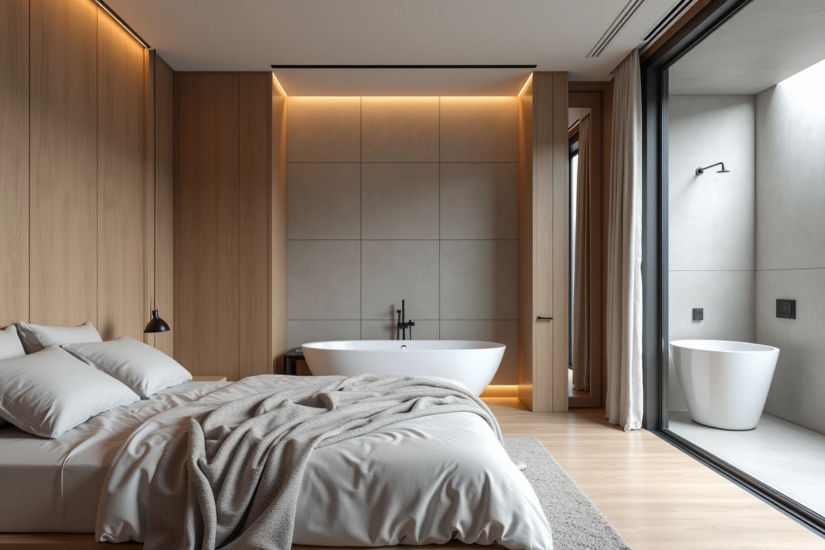 Plan de chambre parentale 15m2 avec salle de bain intégrée séparée par une cloison en verre, vue grand angle