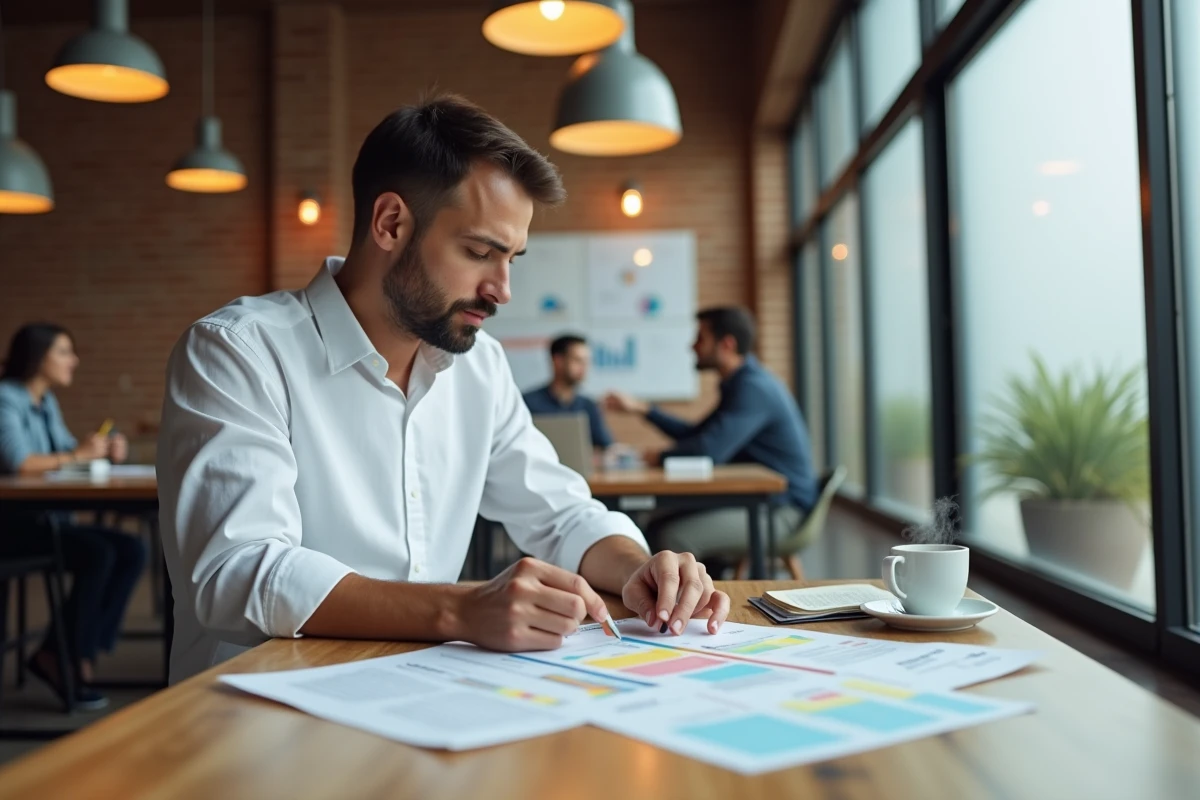 Chef de projet organisant des fiches de catégories de projets sur un bureau dans un espace de co-working moderne