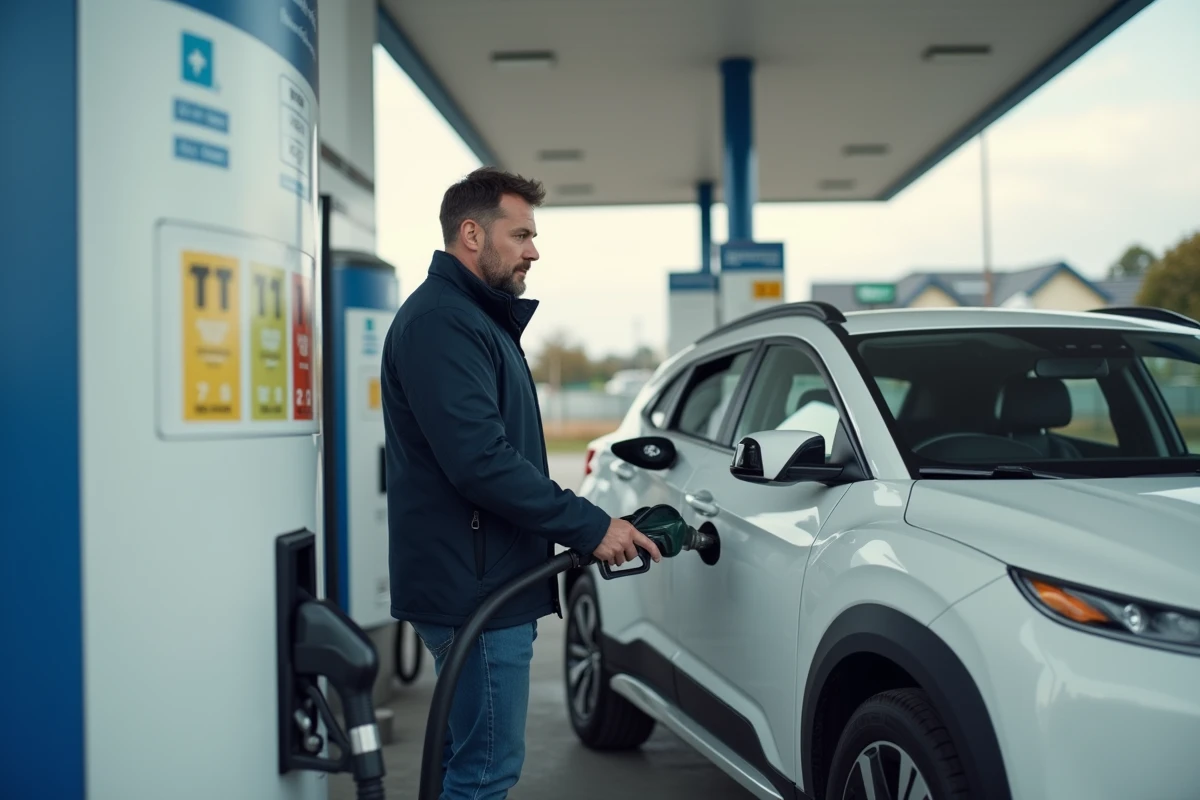 Homme faisant le plein de sa Hyundai Kona blanche à une station-service, examinant les types de carburant disponibles sur la pompe