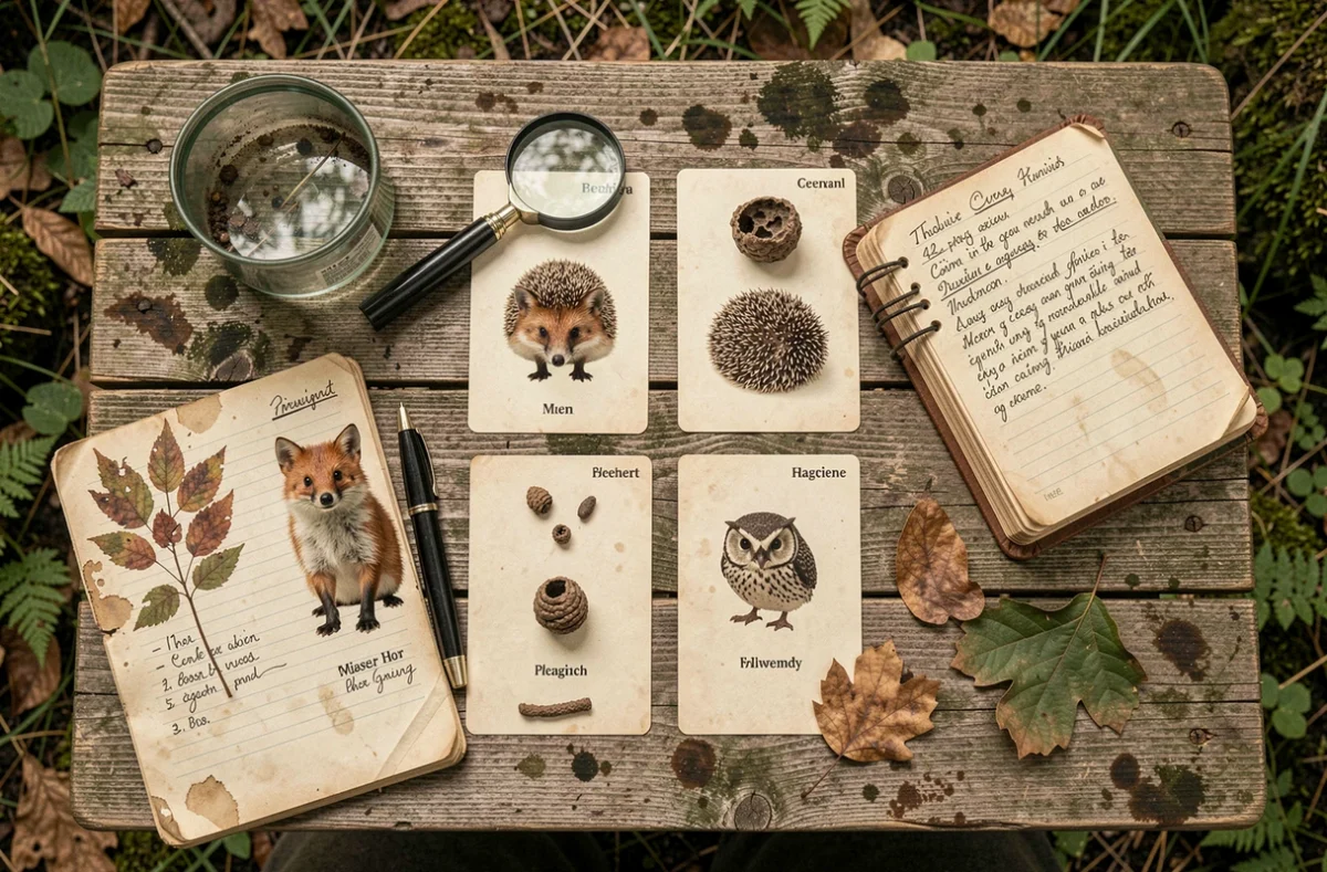 Collection comparative de crottes d'animaux nocturnes sur une table de naturaliste avec cartes d'identification et loupe