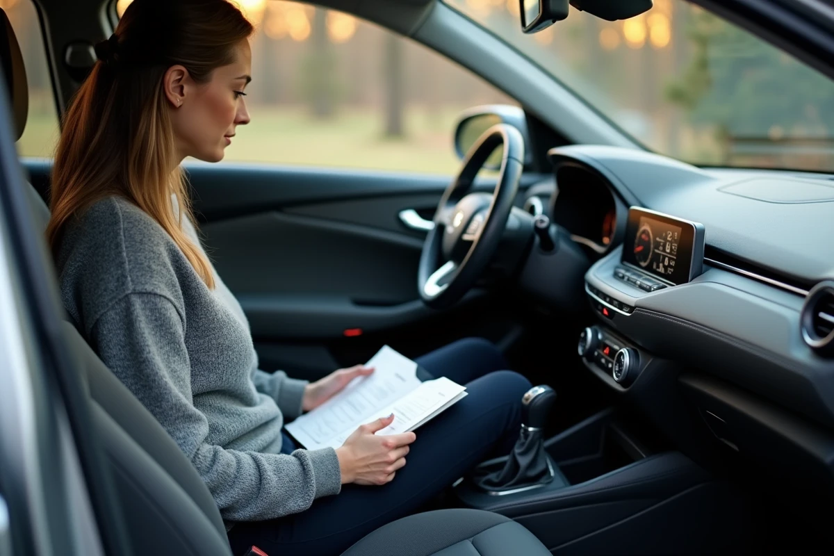 Femme au volant d'une Hyundai Kona consultant le manuel du propriétaire pour connaître le type de carburant recommandé