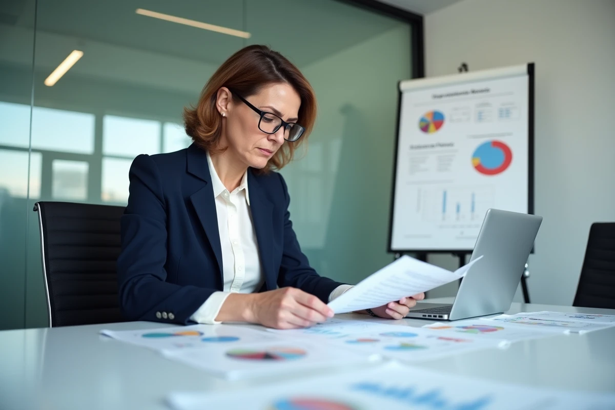 Consultante IT analysant des rapports de compatibilité logicielle et des documents techniques en réunion