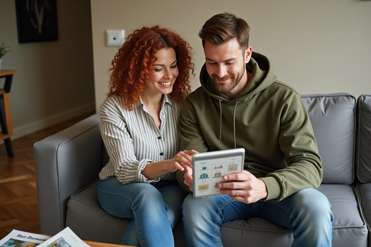 Couple consultant le plan de navigation d'un site immobilier sur une tablette dans le salon