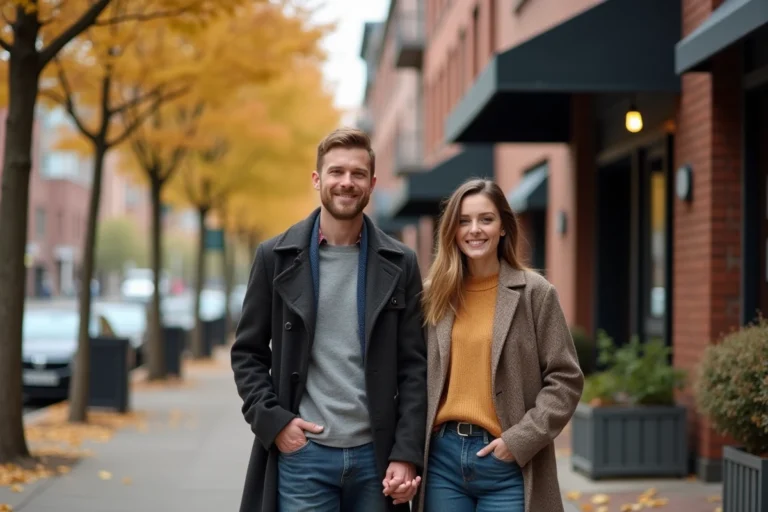 Couple souriant dans la rue en automne