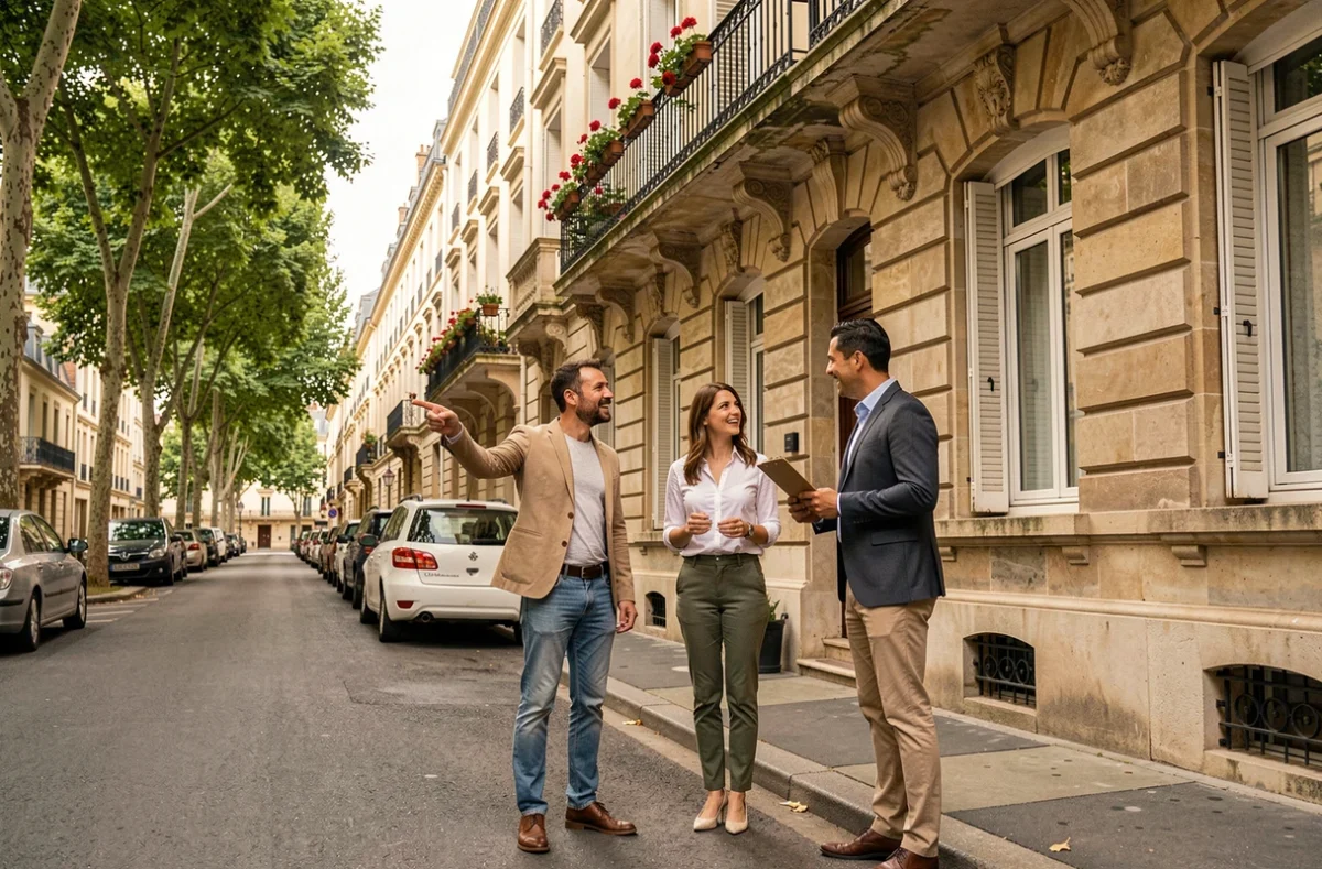 Couple visitant un immeuble résidentiel en pierre avec un agent immobilier dans une rue française
