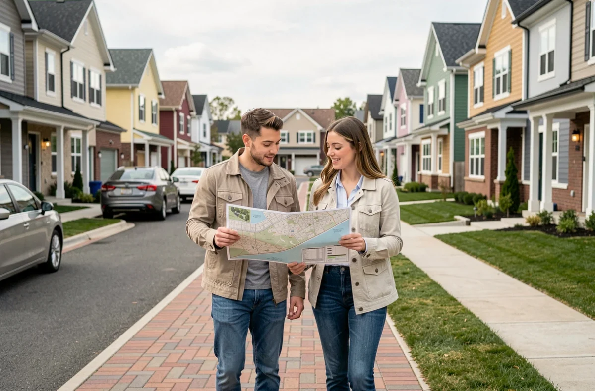 Couple visitant un nouveau quartier résidentiel pour comparer les offres d'un promoteur local et d'une grande société immobilière