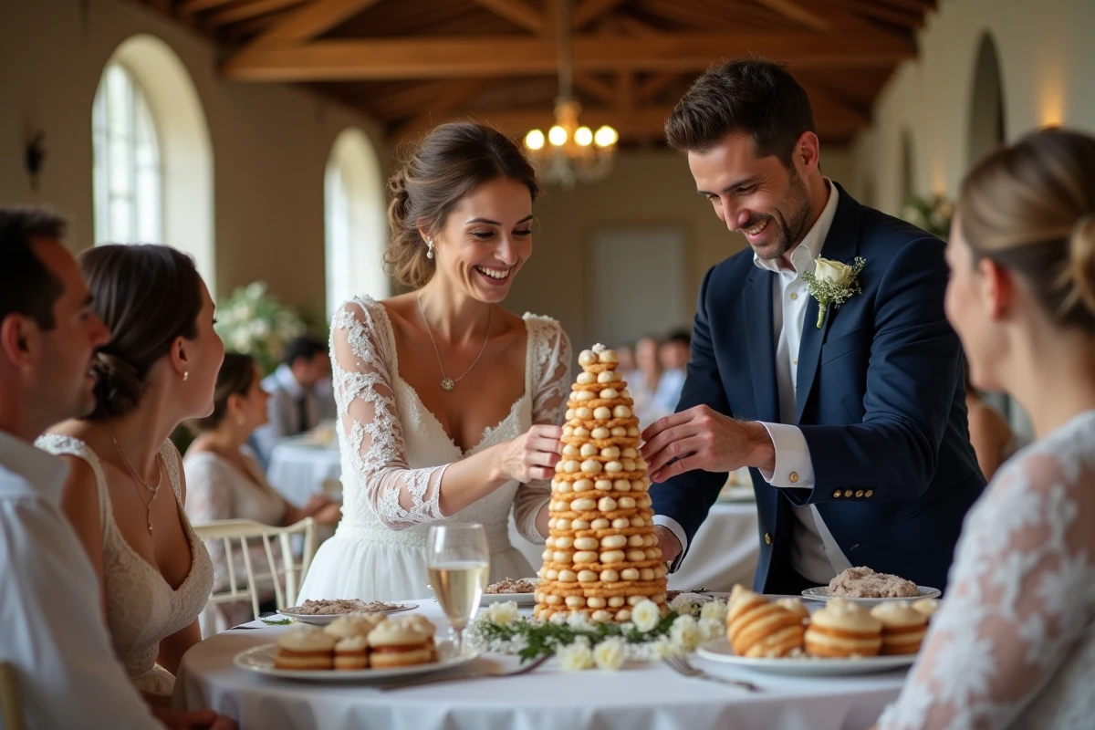 Jeune couple de mariés coupant la pièce montée à l