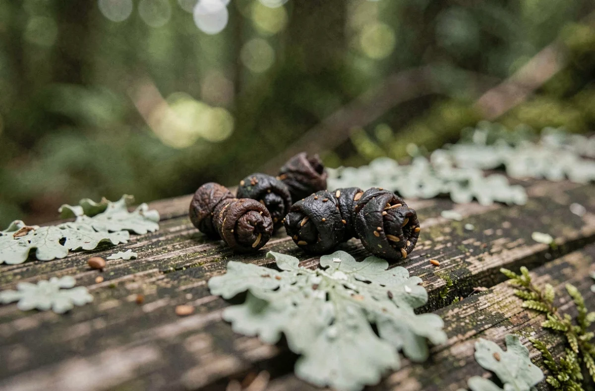 Crottes de petit mammifère nocturne sur une bûche moussue en forêt, photographie macro naturaliste