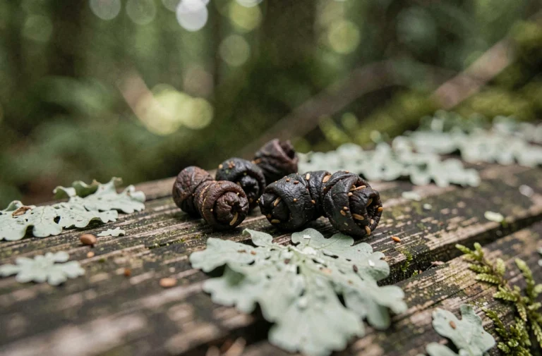 Crottes de petit mammifère nocturne sur une bûche moussue en forêt, photographie macro naturaliste