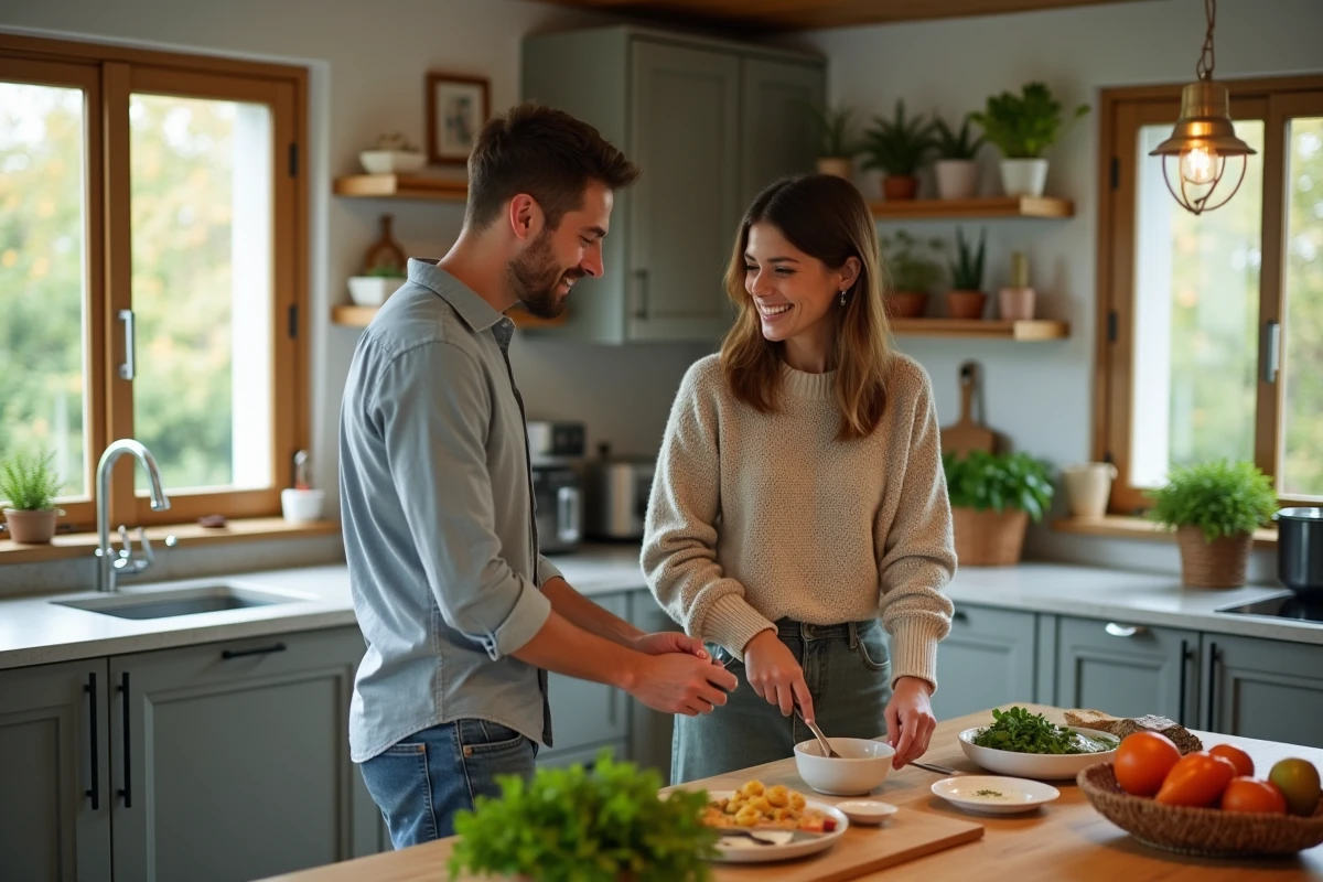 Couple préparant un repas dans la cuisine chaleureuse