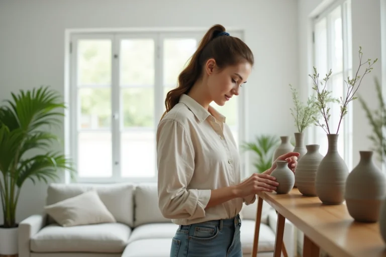 Femme arrangeant des vases en céramique dans un salon lumineux