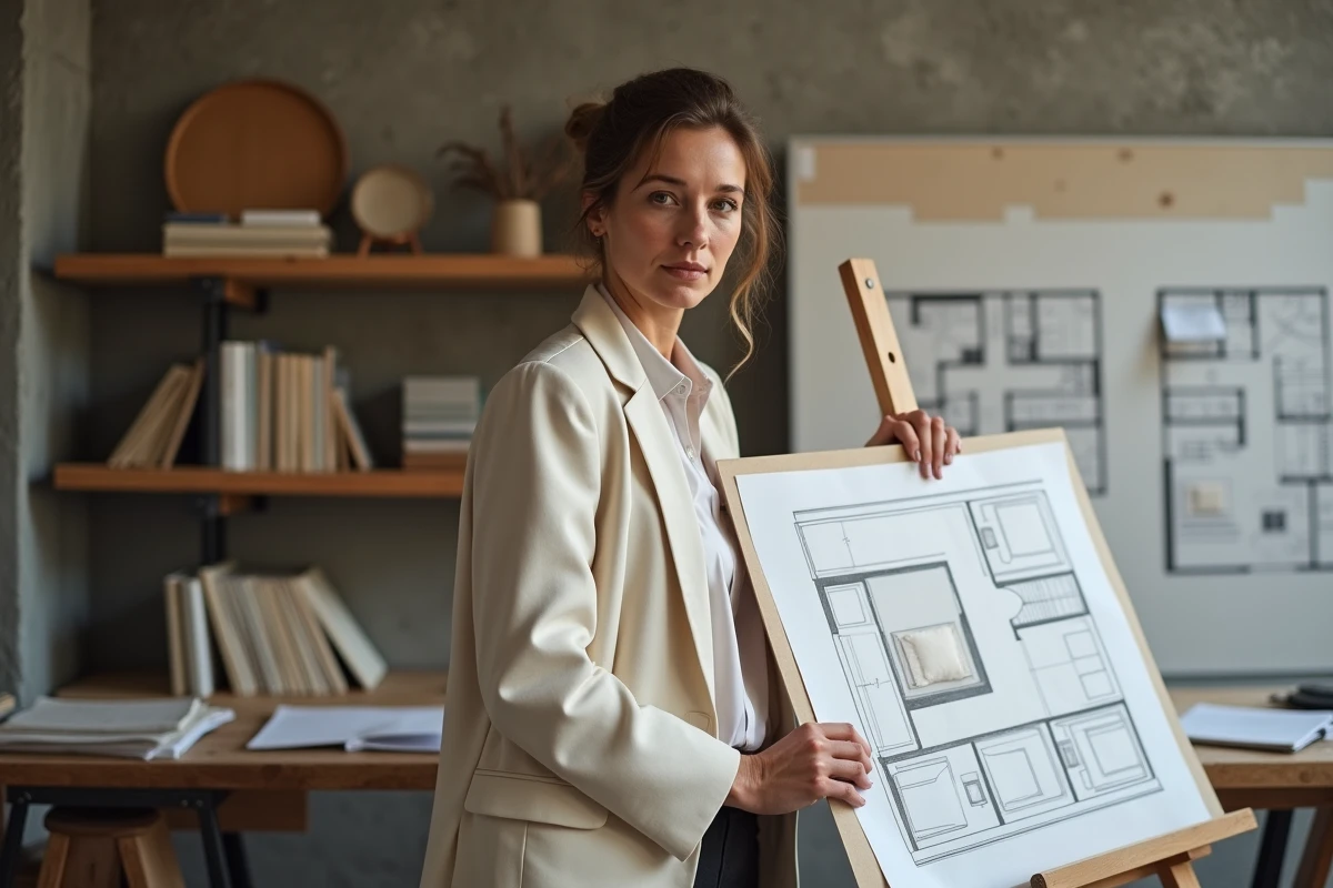 Designer d'intérieur présentant des plans de chambre parentale 15m2 avec salle de bain attenante sur table de travail