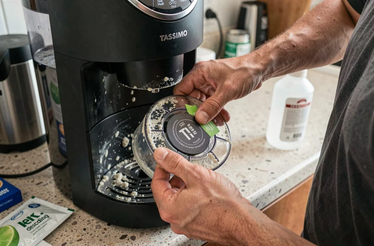 Gros plan sur le détartreur et le réservoir d'eau d'une machine Tassimo avec dépôts de calcaire visibles