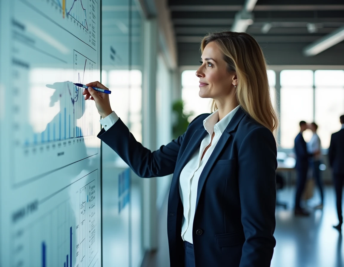 Dirigeante d'entreprise analysant des indicateurs de performance au tableau blanc dans un bureau moderne