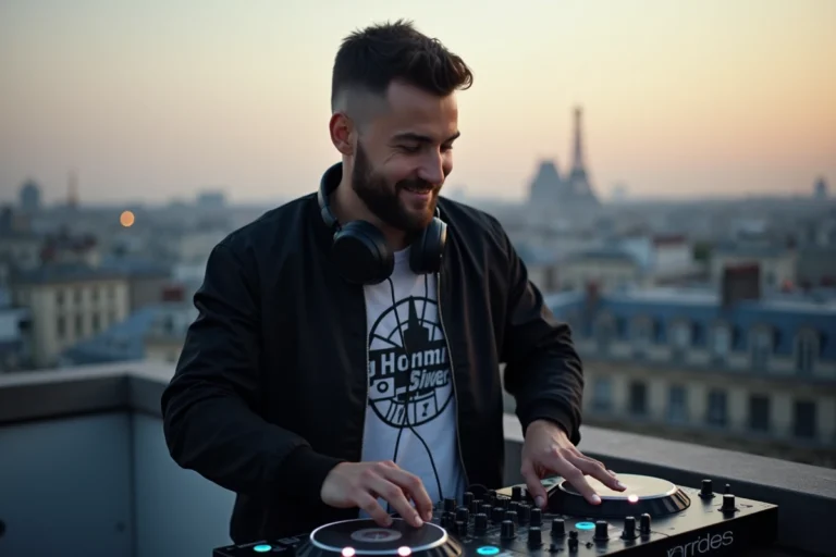 DJ urbain sur un rooftop parisien au crépuscule