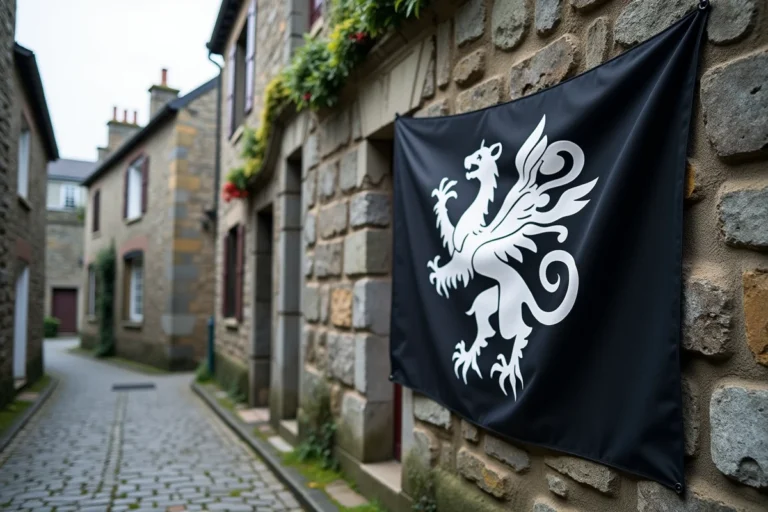 Drapeau breton Gwenn-ha-Du accroché sur un mur en granit d'un village breton traditionnel, symbole de l'identité bretonne