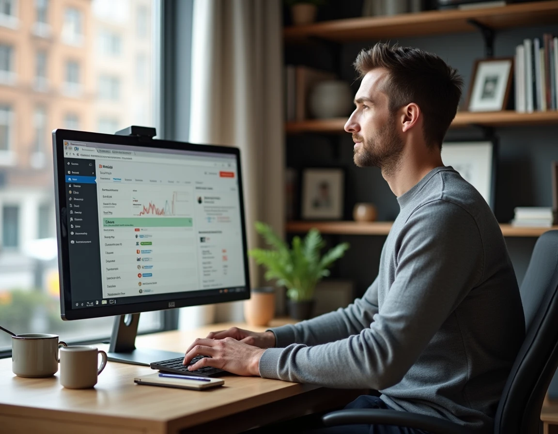 Entrepreneur en télétravail gérant sa base clients avec le CRM gratuit HubSpot depuis son bureau à domicile
