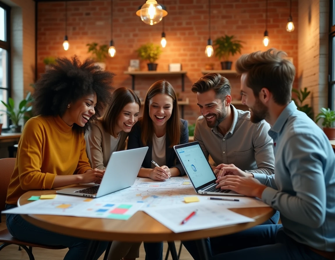 Équipe pluridisciplinaire collaborant sur une stratégie de performance d'entreprise dans un espace de coworking