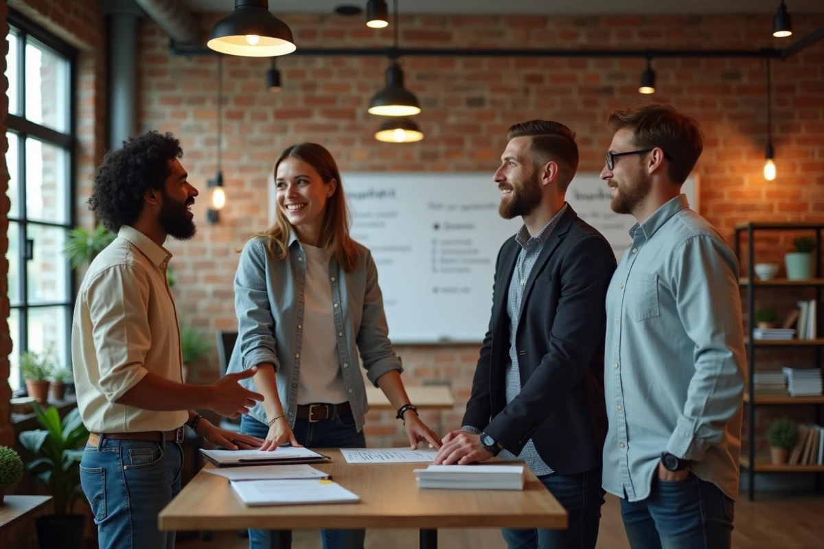 Groupe de professionnels en discussion stratégique dans un espace de coworking contemporain avec mur en briques apparentes
