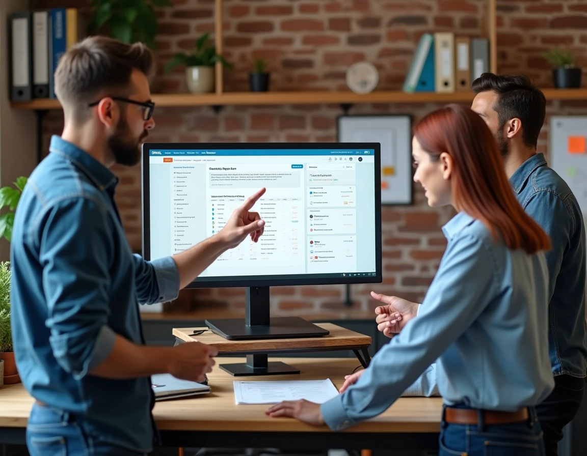 Équipe de petite entreprise discutant des fonctionnalités du CRM gratuit HubSpot devant un grand écran dans un bureau startup