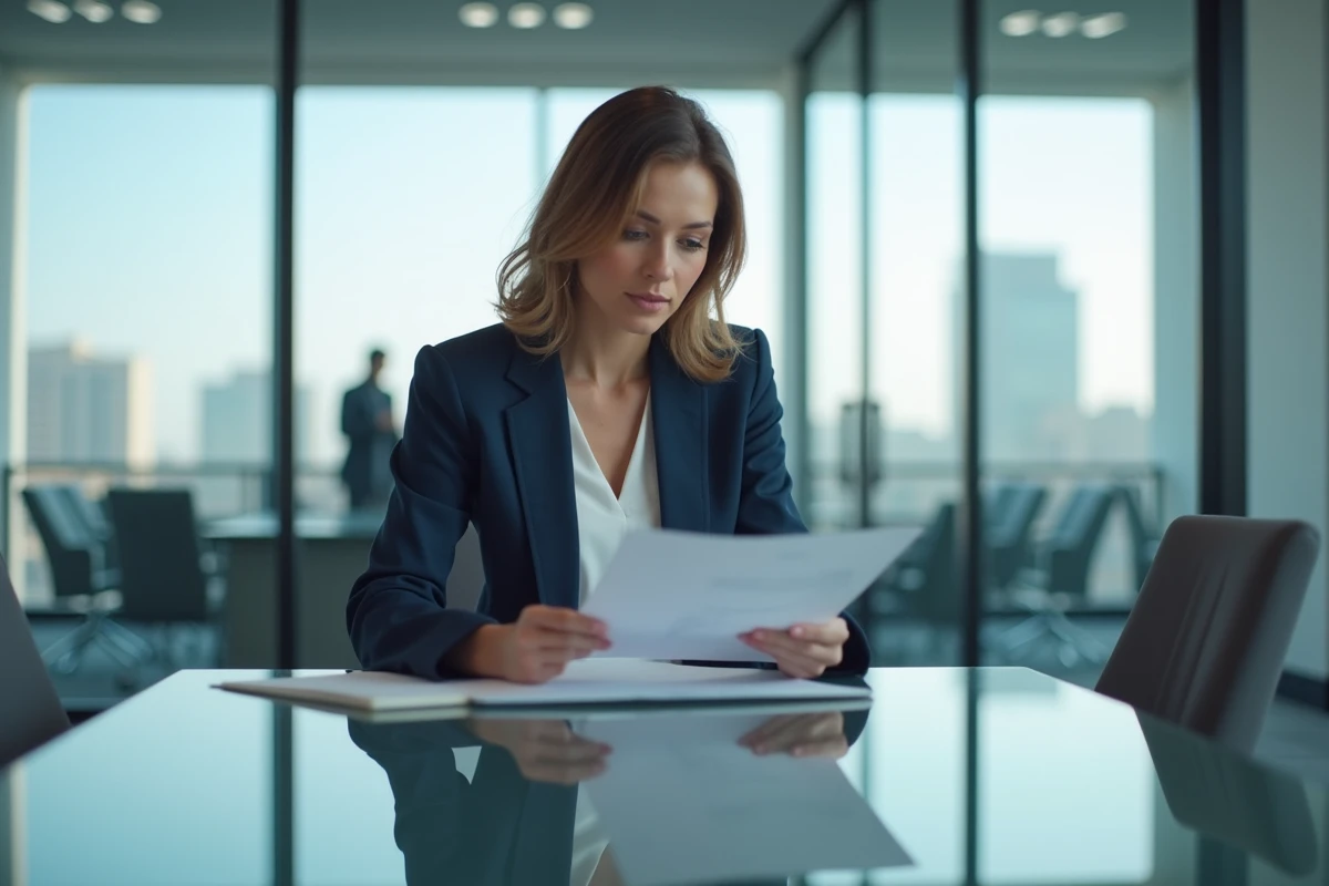 Femme d'affaires confiante en blazer marine examinant des documents dans une salle de réunion moderne avec vue sur la ville
