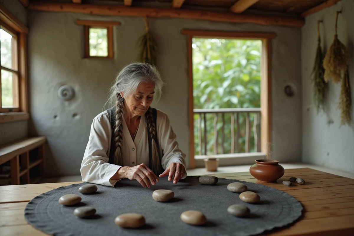 Femme âgée arrangeant sept pierres en cercle dans une salle de méditation, représentant les 7 mondes spirituels