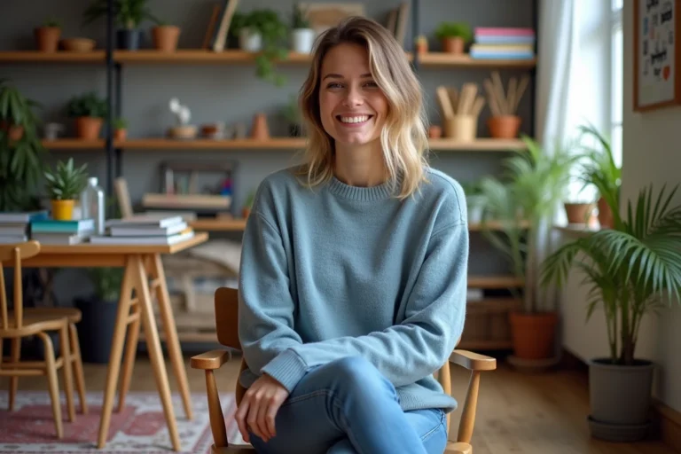 Femme souriante en bricolage dans un salon cosy