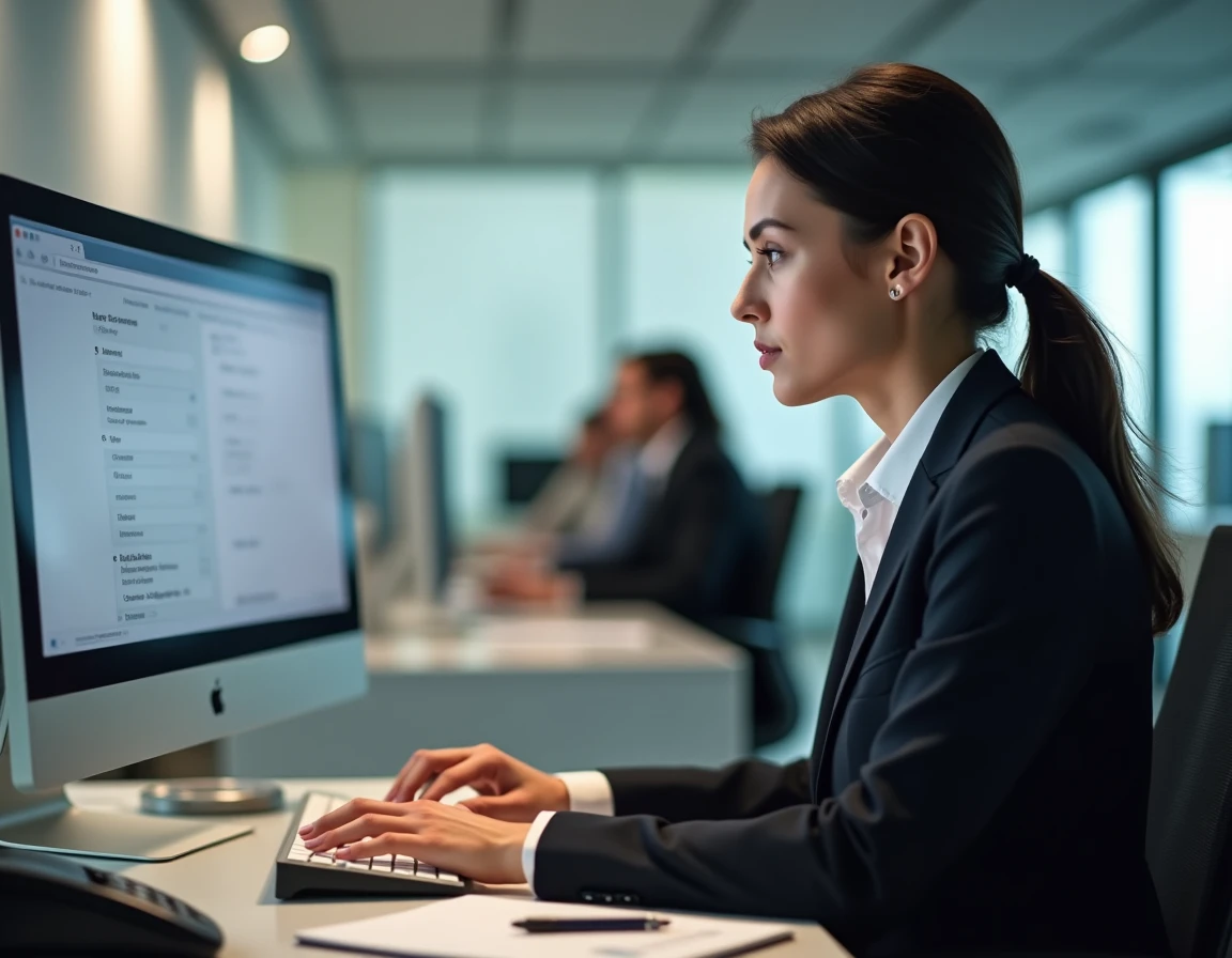 Femme en entreprise consultant les tarifs d'un numéro 0969 sur son ordinateur de bureau