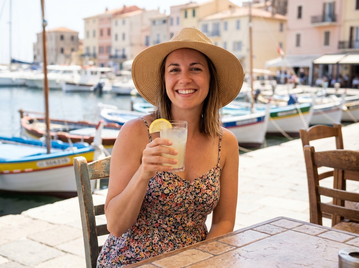 Jeune femme souriante au café port mediterranee