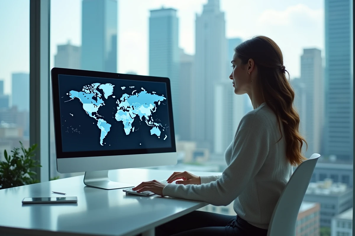 Jeune femme regardant une carte du monde sur son ordinateur