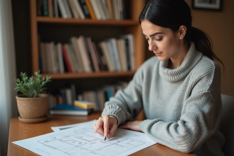 Femme consultant un plan de site imprimé sur un bureau en bois dans un bureau à domicile