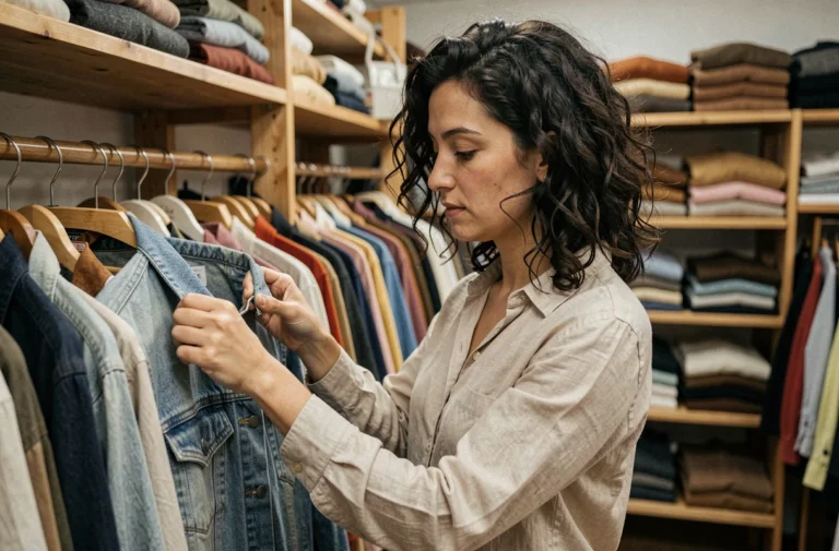 Femme inspectant un veste en jean vintage dans une friperie, shopping de vêtements d'occasion responsable