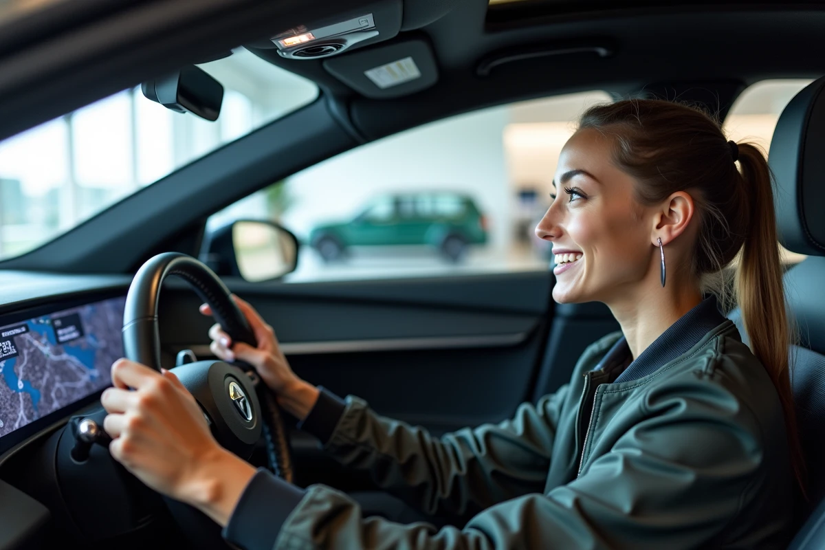 Femme testant une interface de conduite augmentée dans une voiture