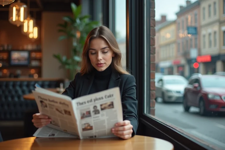 Jeune femme lisant un journal dans un café lumineux