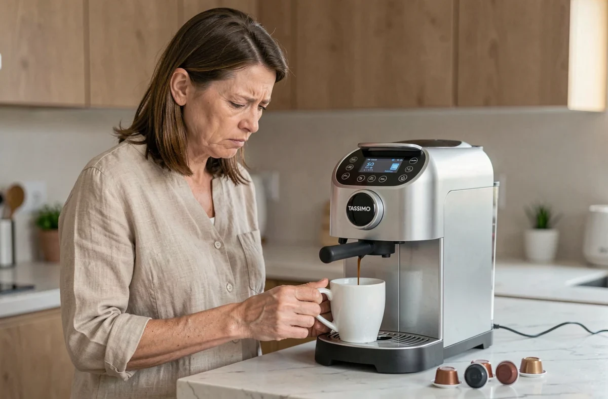Femme regardant avec perplexité sa machine Tassimo qui ne remplit pas correctement sa tasse de café