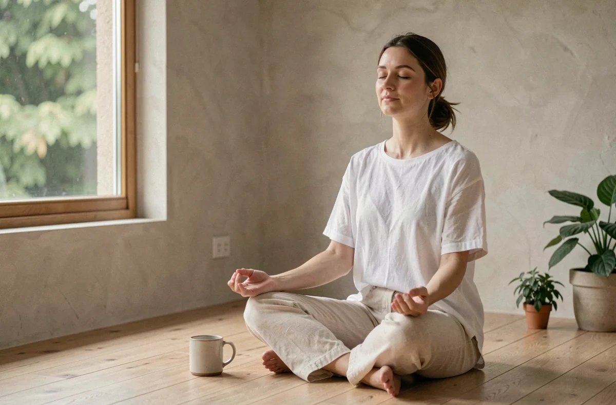 Femme en méditation assise sur un plancher en bois dans un salon minimaliste calme, illustrant le bien-être quotidien
