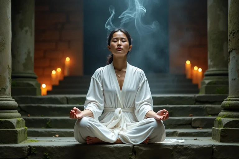 Femme en méditation devant un temple antique entourée de fumée d'encens, illustrant les mondes spirituels