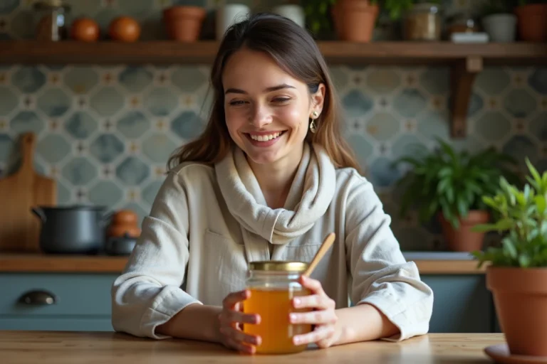 Femme souriante tenant un pot de miel de bupleurum dans une cuisine chaleureuse