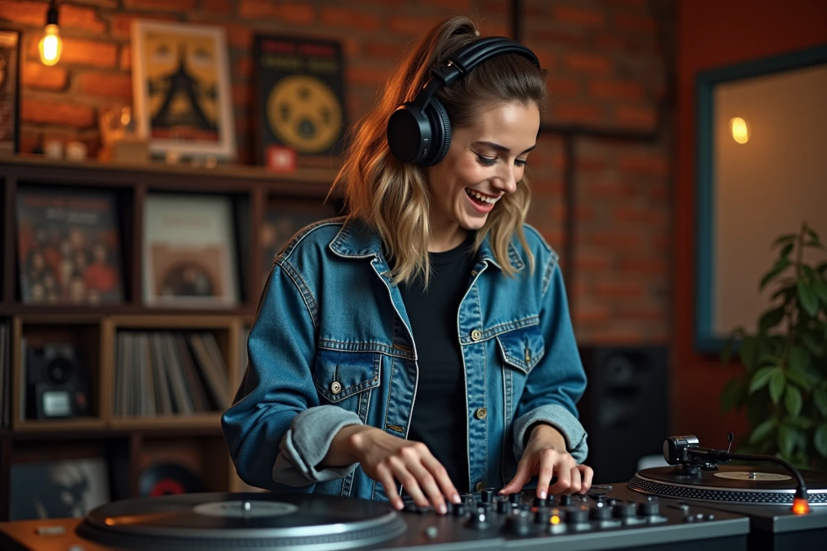 Jeune femme mixant vinyles dans un studio cosy