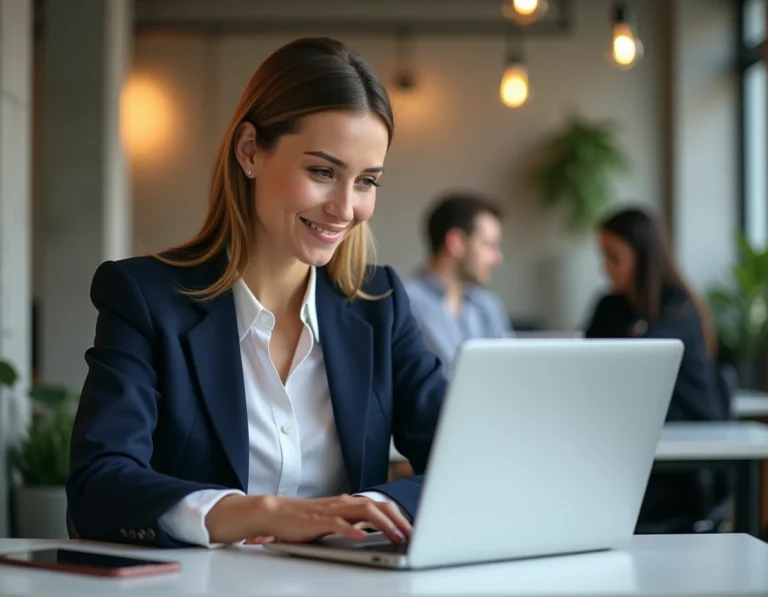 Femme professionnelle utilisant le CRM gratuit HubSpot sur son ordinateur portable dans un bureau moderne en open space