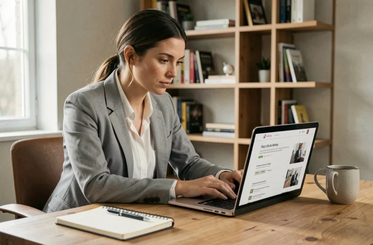 Femme en blazer gris cherchant un emploi en ligne sur son ordinateur portable dans un bureau à domicile moderne
