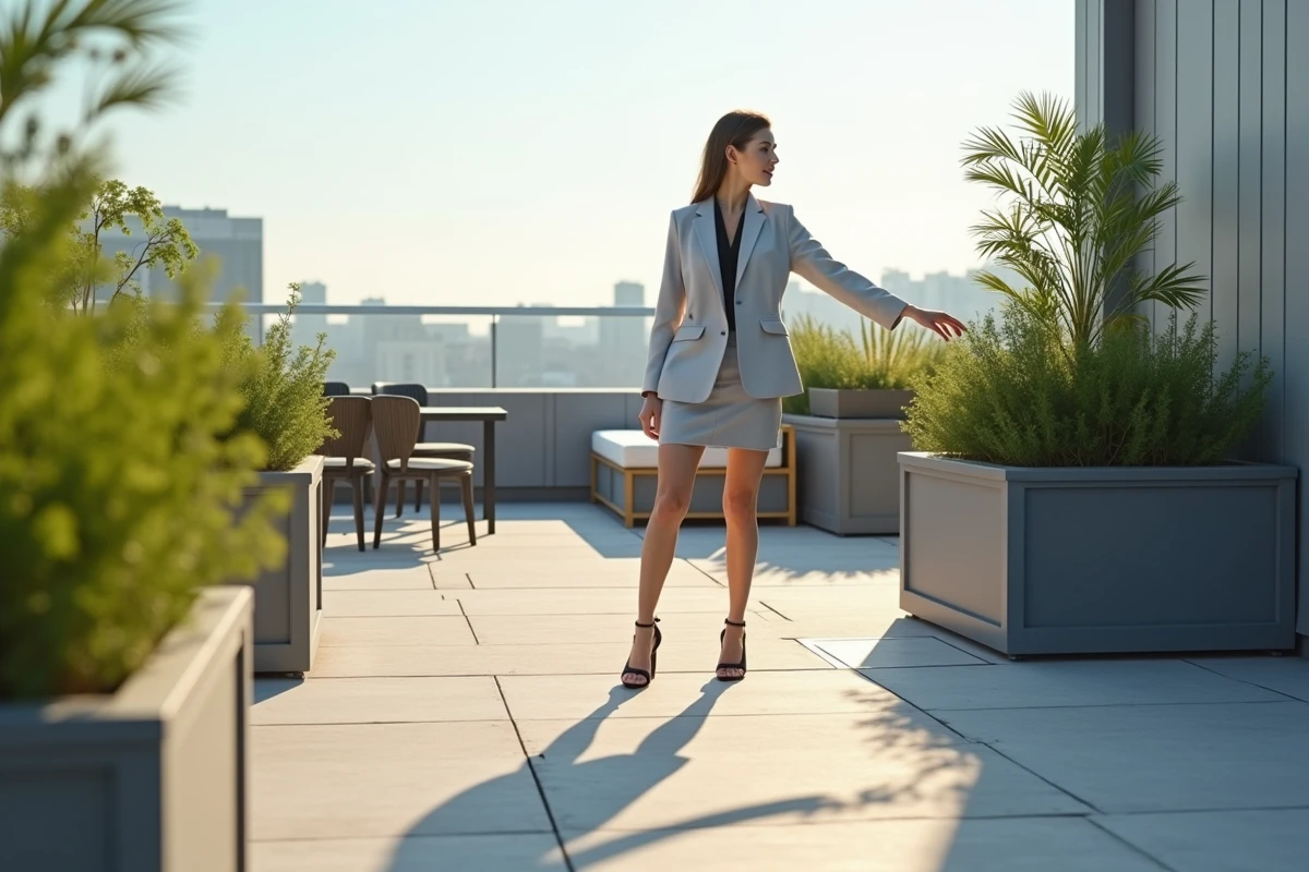 Femme pointant vers le patio Duraboard en terrasse urbaine
