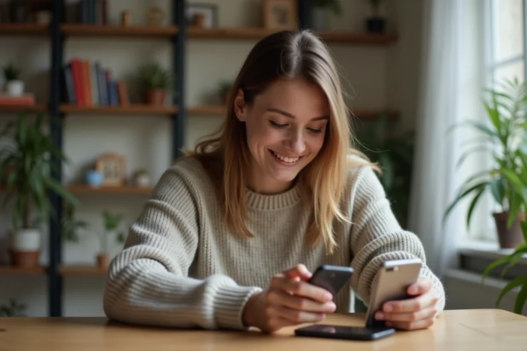 Jeune femme souriante avec deux smartphones dans un intérieur cosy